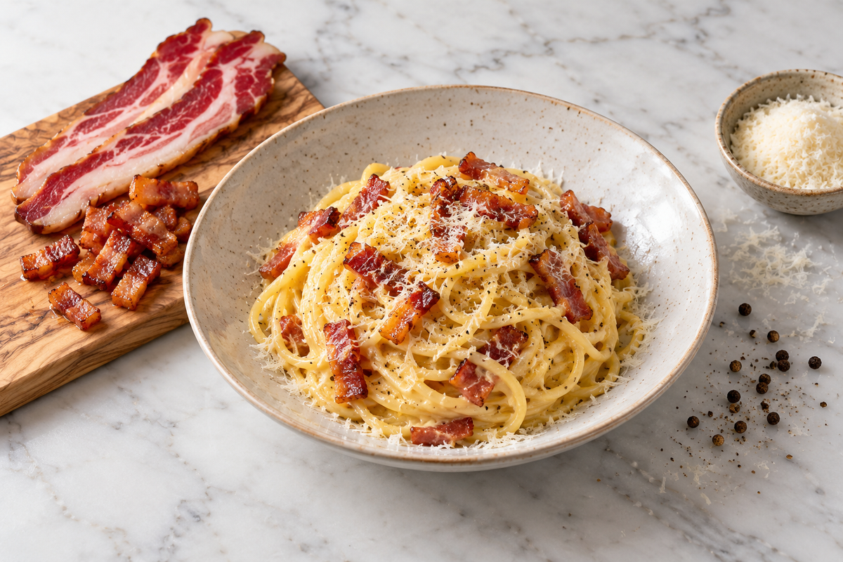 Pâtes façon Carbonara à la Pancetta de Bœuf Fumée Halal