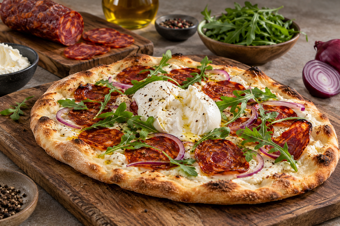 Pizza Blanche au Chorizo Ibérique Halal & Burrata