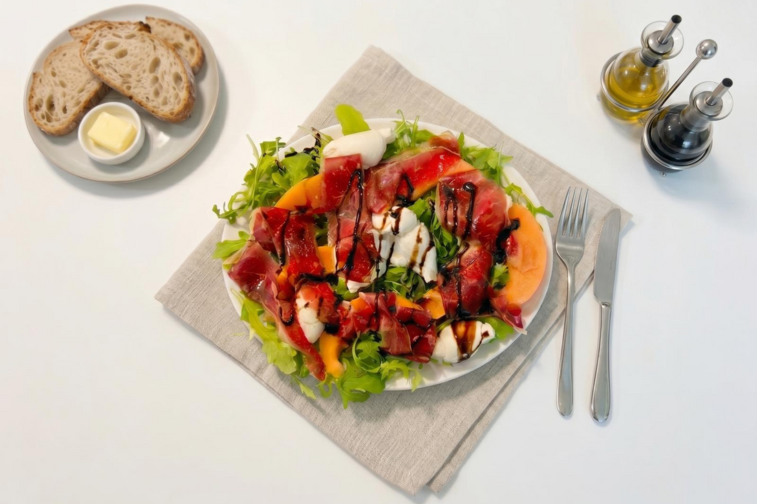 Salade Gourmande Melon, Jambon Cru de Bœuf et Burrata