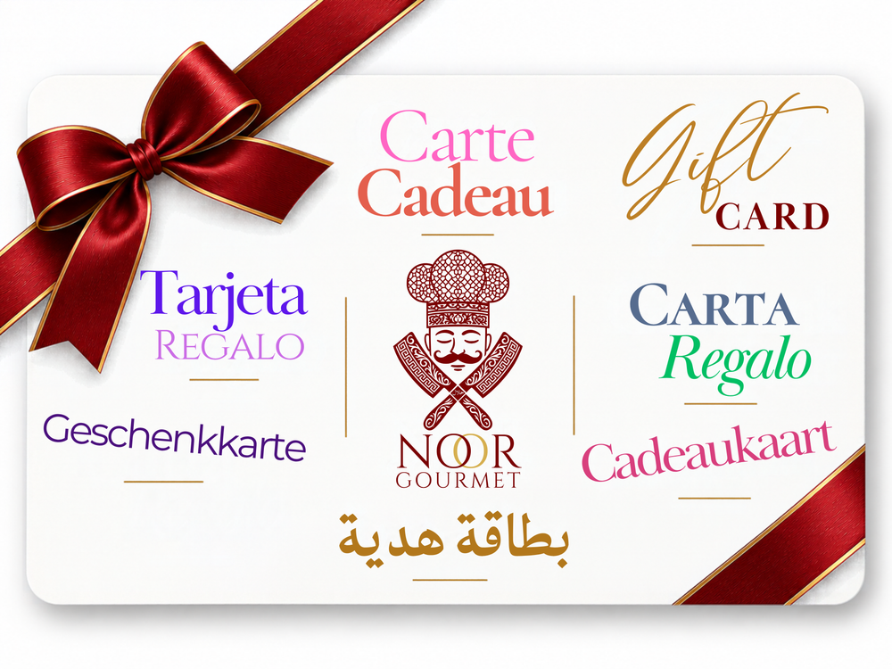 Carte cadeau Noor Gourmet – Gastronomie halal premium, avec logo central, ruban rouge et inscriptions en 7 langues sur fond blanc.