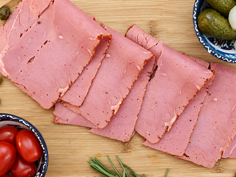 Pastrami halal de bœuf au paprika en tranches sur planche